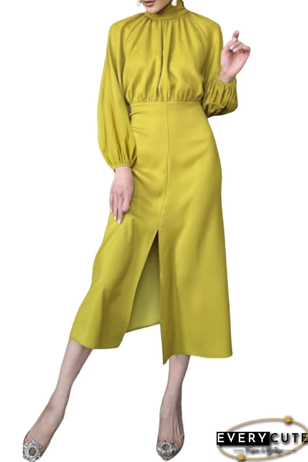 Yellow Ribbon Tie Back Long Puff Sleeve Slit Midi Dress