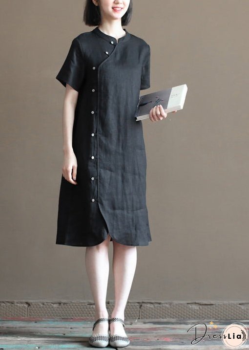 Vintage Solid Black Mandarin Collar Button Linen A Line Dresses Short Sleeve