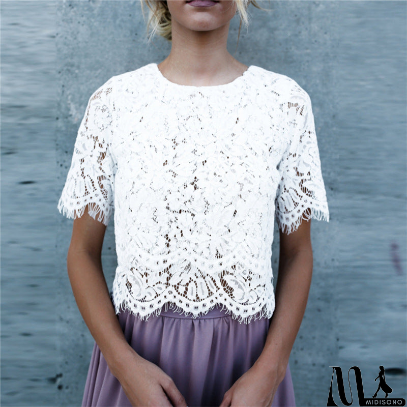 MidiSono - Women'S Solid Color Round Neck Lace T-Shirt