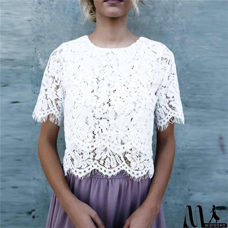 MidiSono - Women'S Solid Color Round Neck Lace T-Shirt