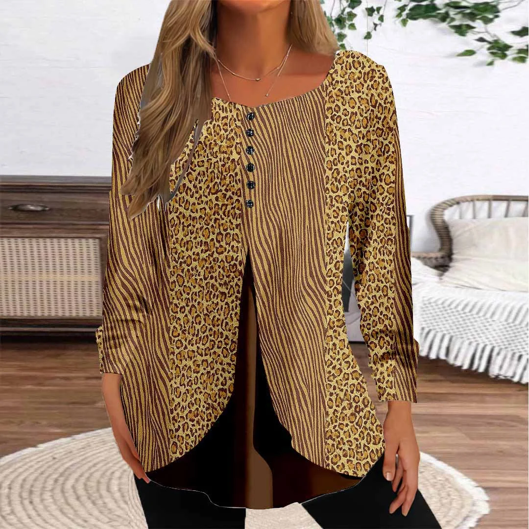 Women Graphic,Brown DZGG8118 Long Sleeve Scoop Neck Printed Graphic Button Fake 2in1 Tops