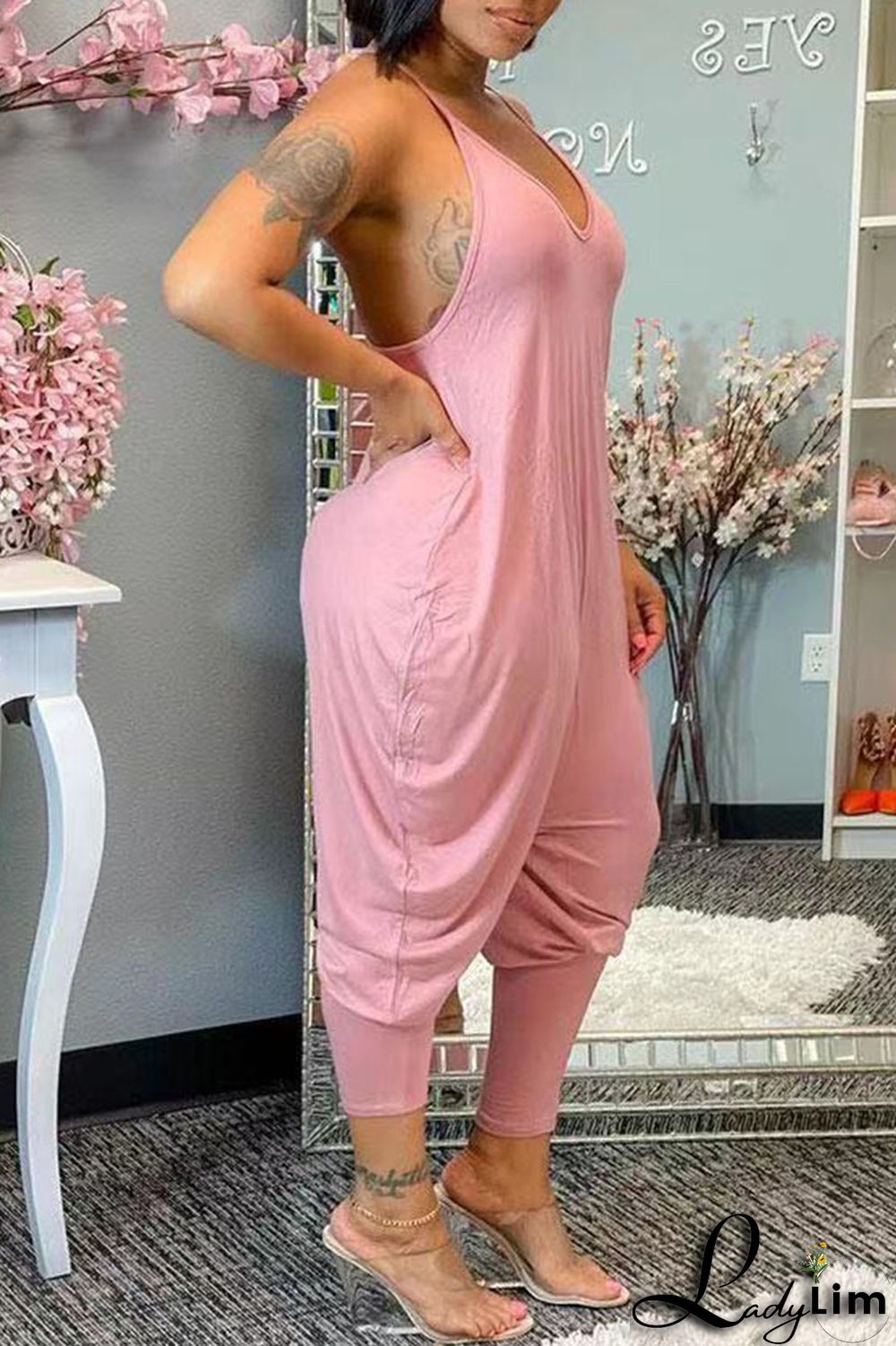 Orange Casual Solid Split Joint O Neck Jumpsuits