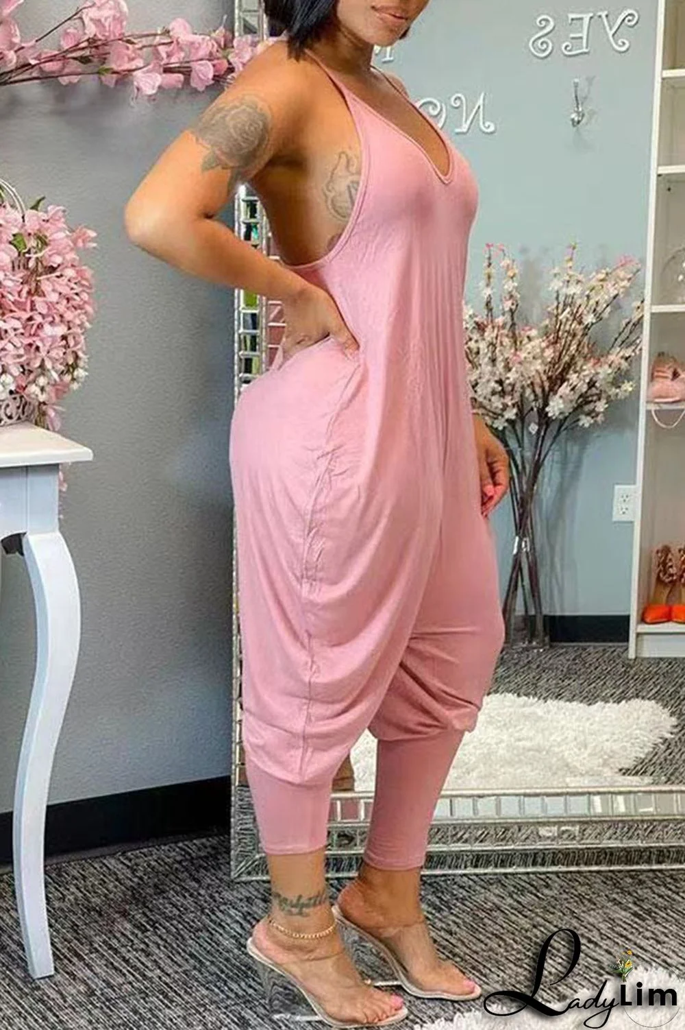 Orange Casual Solid Split Joint O Neck Jumpsuits