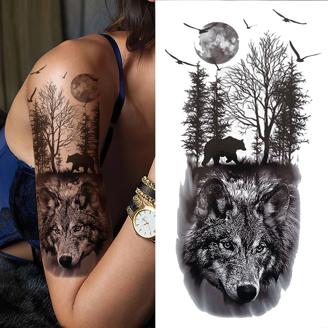 Cross Lion Temporary Tattoo For Women Men Adult Skull Tiger Wolf Forest Tattoo Sticker Black Fake Realistic Demon Tatoos Forearm 530