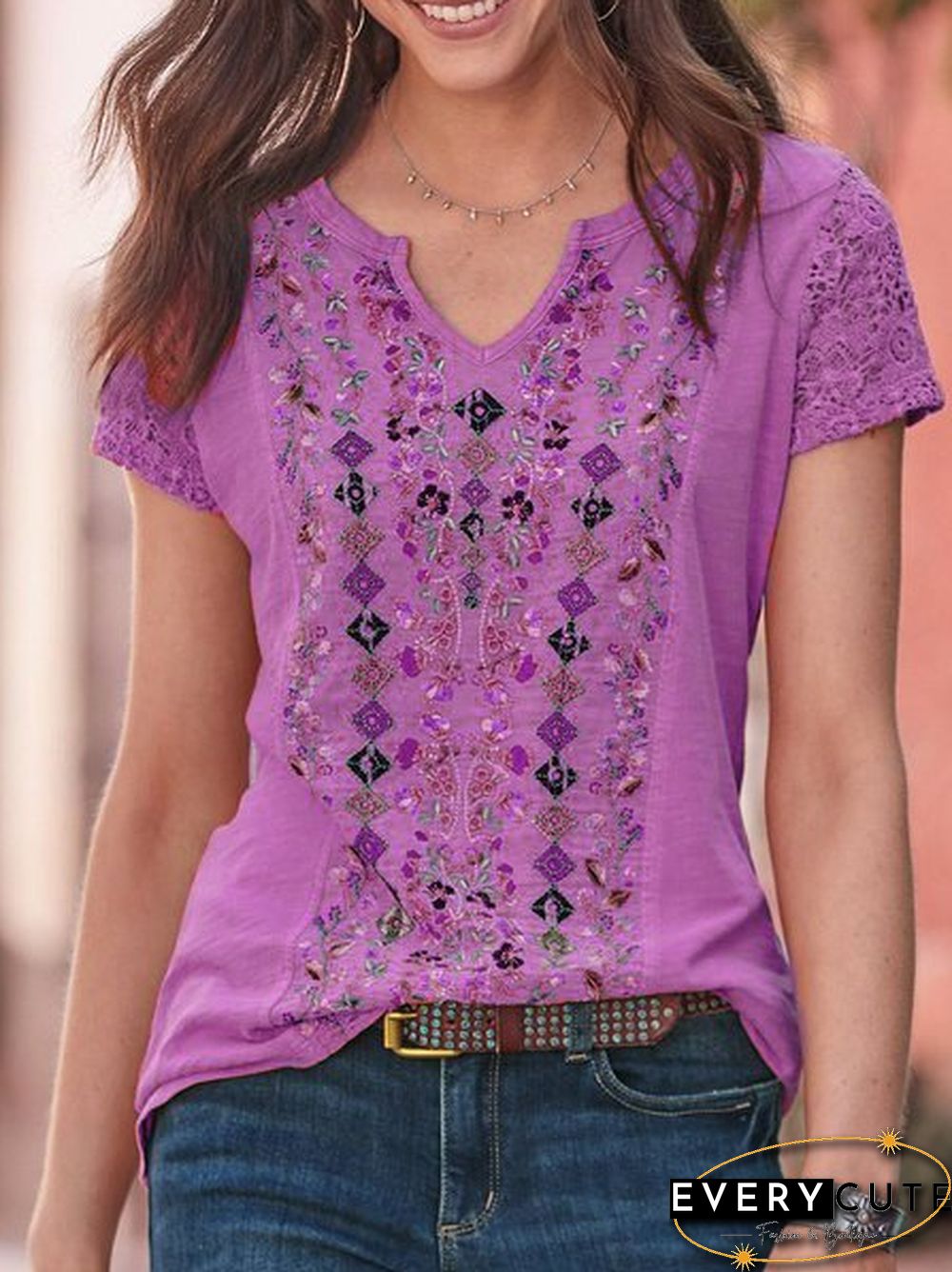 Women Vintage Boho Plain Crew Neck T-shirt