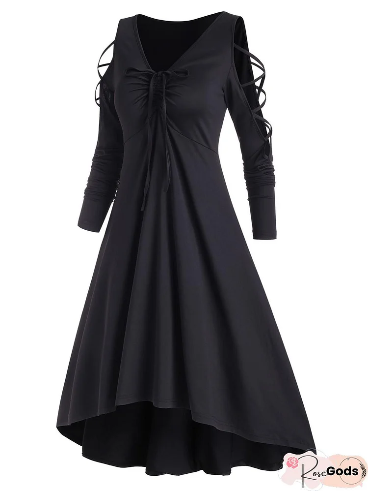 Casual Women Dress Autumn Cold Shoulder Criss Cross Cinched High Low Dress Long Sleeve Solid Gothic Black Chic Dresses