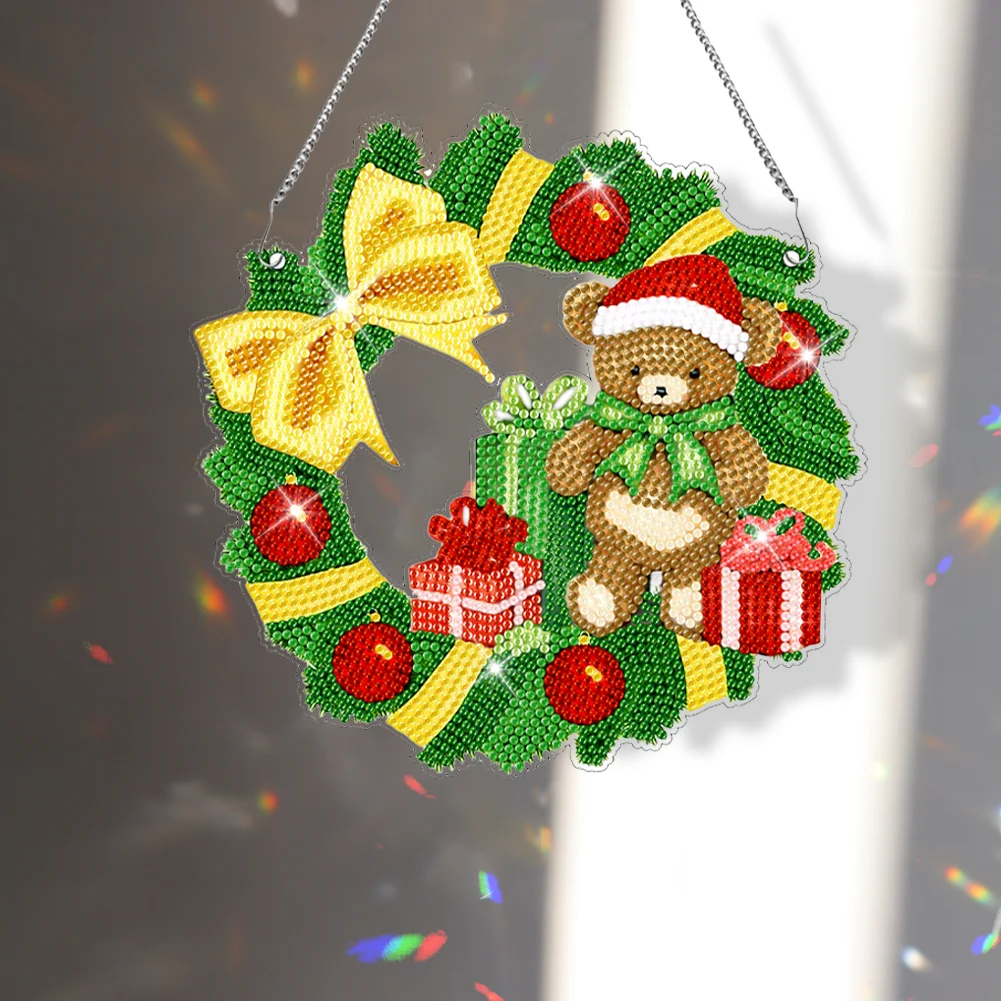 DIY Christmas Bear Wreath Acrylic Single Side Special Shaped Diamond Painting Hanging Ornament