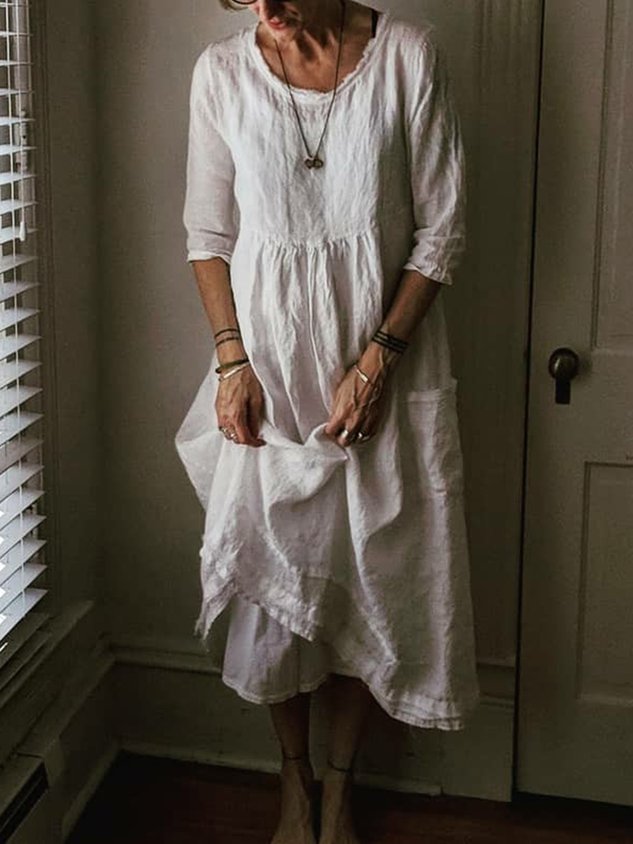 Plus Size Midi Dresses Women Solid 3/4 Sleeve Crew Neck Dresses