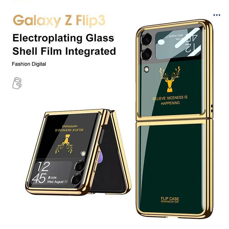 Luxury Deer Pattern Electroplating Tempered Glass Case For Samsung Z Flip 3 5G