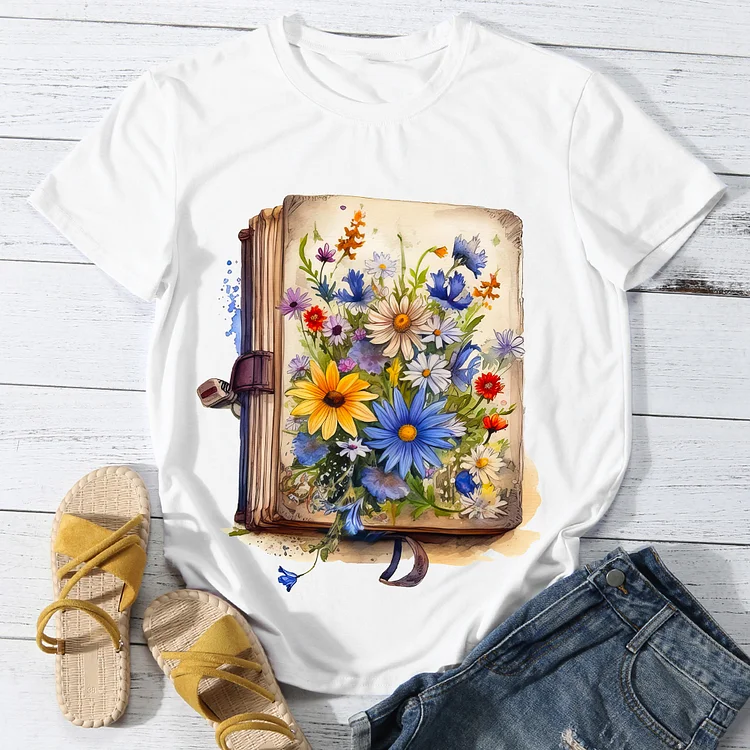 Flowers With Book Women's Round Neck T-Shirt -BSTC1621