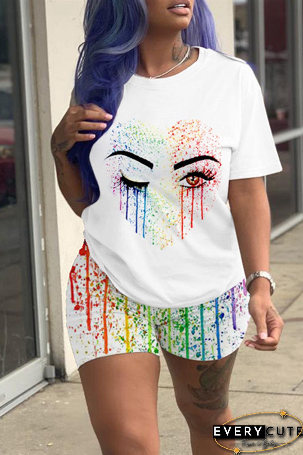 Fashion Casual Print Basic O Neck Short Sleeve Two Pieces