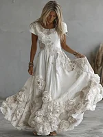 Women's Vintage White Rose Embroidery Art Round Neck Short Sleeve Maxi Dress