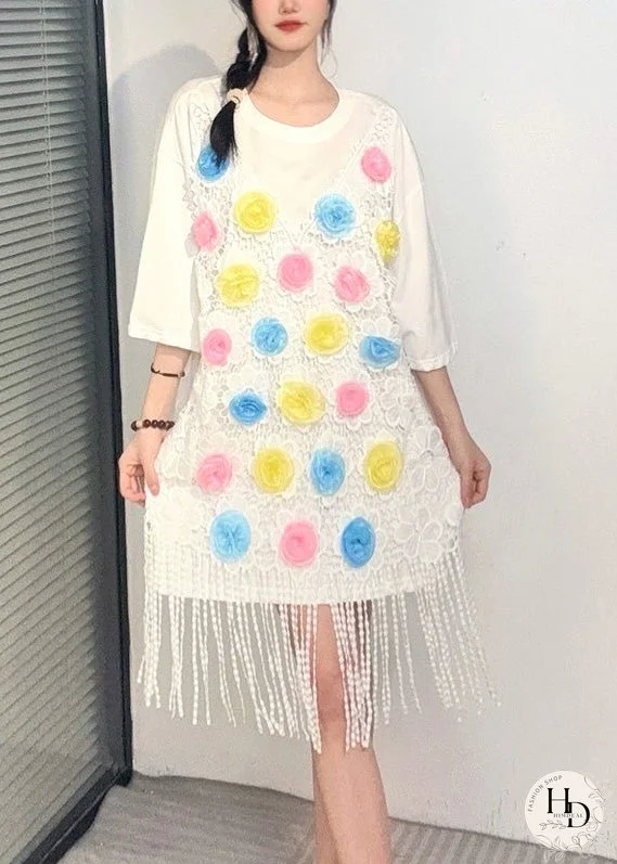 White Print Tassel Mid Dresses Short Sleeve