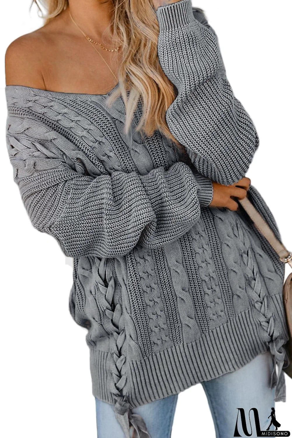 MidiSono - Love Letters Cable Knit Lace Up Sweater