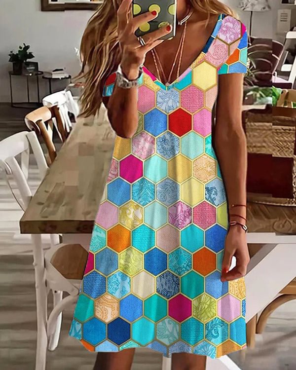 V Neck Geometric Casual Short Sleeve A-line Dress