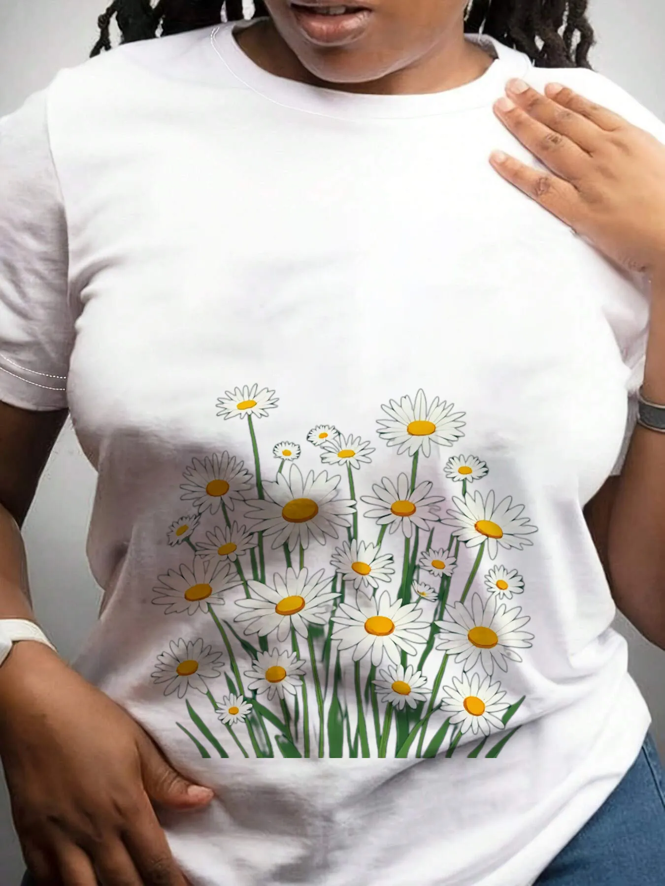 Daisy Print White T-Shirt Women's Casual Short Sleeve Tops | 168DEAL
