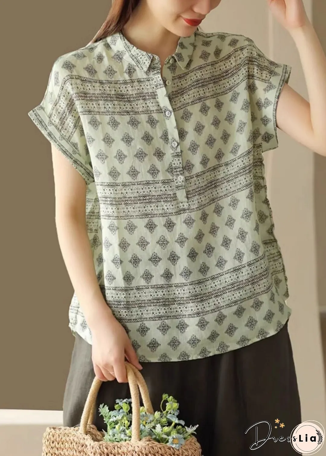 Italian Green Peter Pan Collar Print Patchwork Linen Shirt Summer