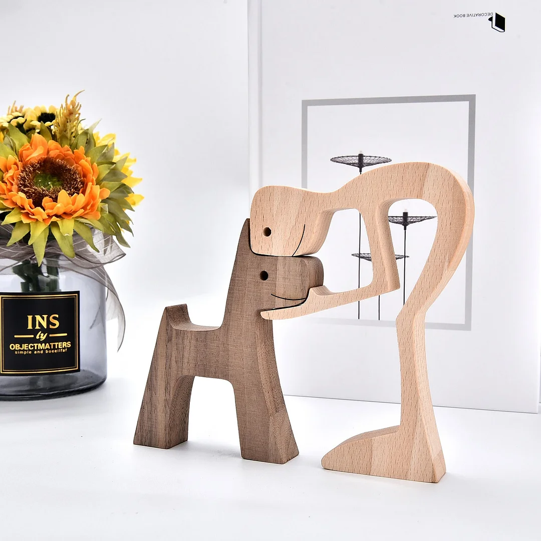 Handmade Wood Dog Decor Sculptures Craft Creative Figurine Ornement Decoration For Bedroom Home Office Decor Gift Natural