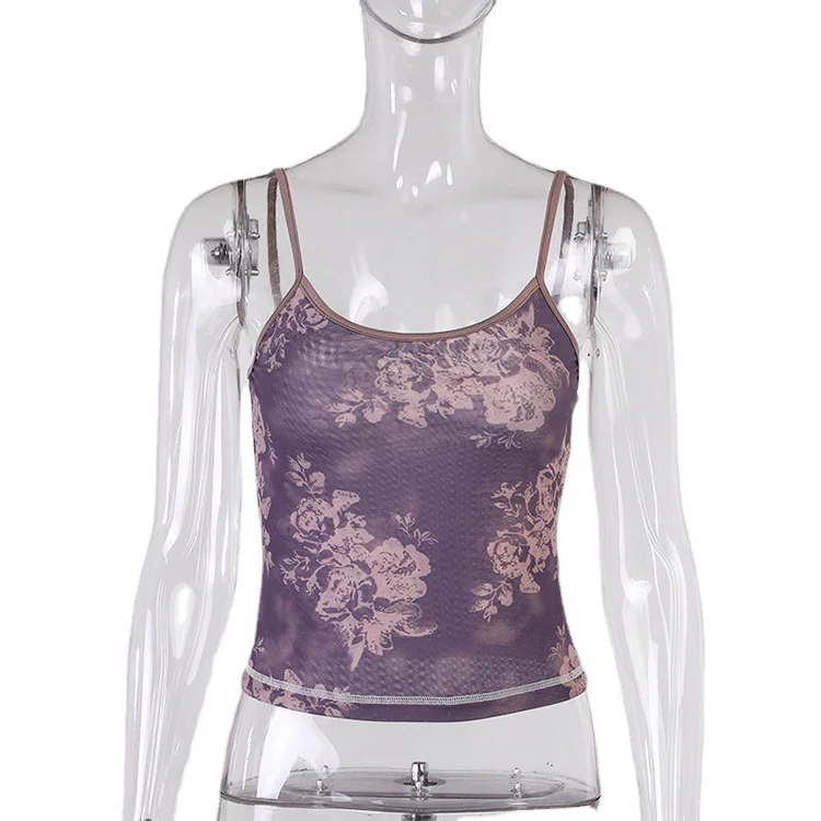 Brownm Brownm Women's Purple Print Design Sense Inside And Outside With Sexy Sling Mesh Gauze Breathable Vest