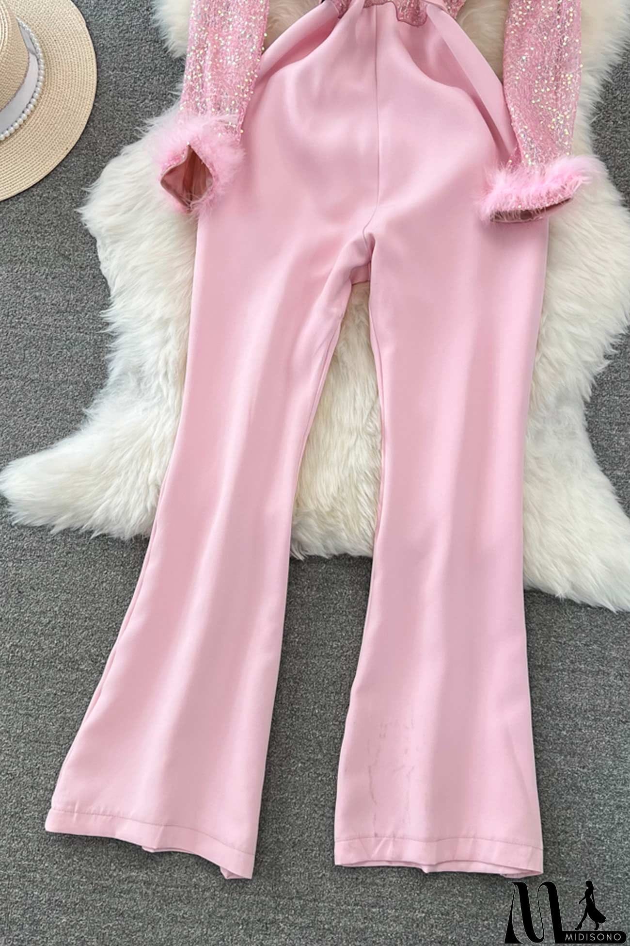 MidiSono - Fuzzy Sleeves Glitter Patchwork Jumpsuits