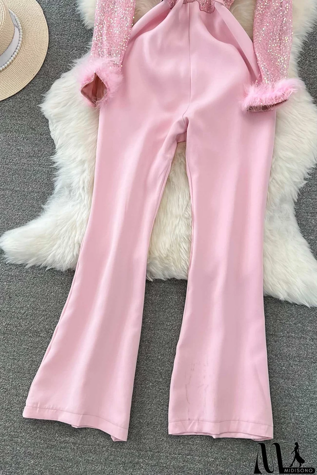 MidiSono - Fuzzy Sleeves Glitter Patchwork Jumpsuits