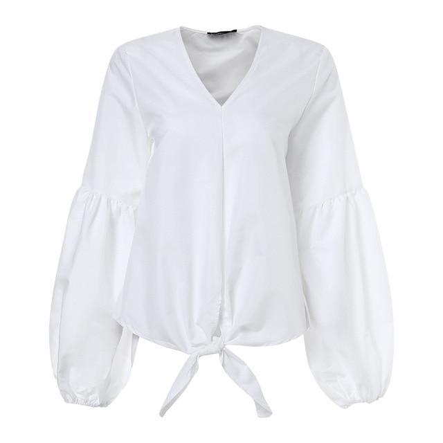 Women Stylish Tops Elegant Office Work Shirts Long Lantern Sleeve Sexy V-Neck Casual Bow