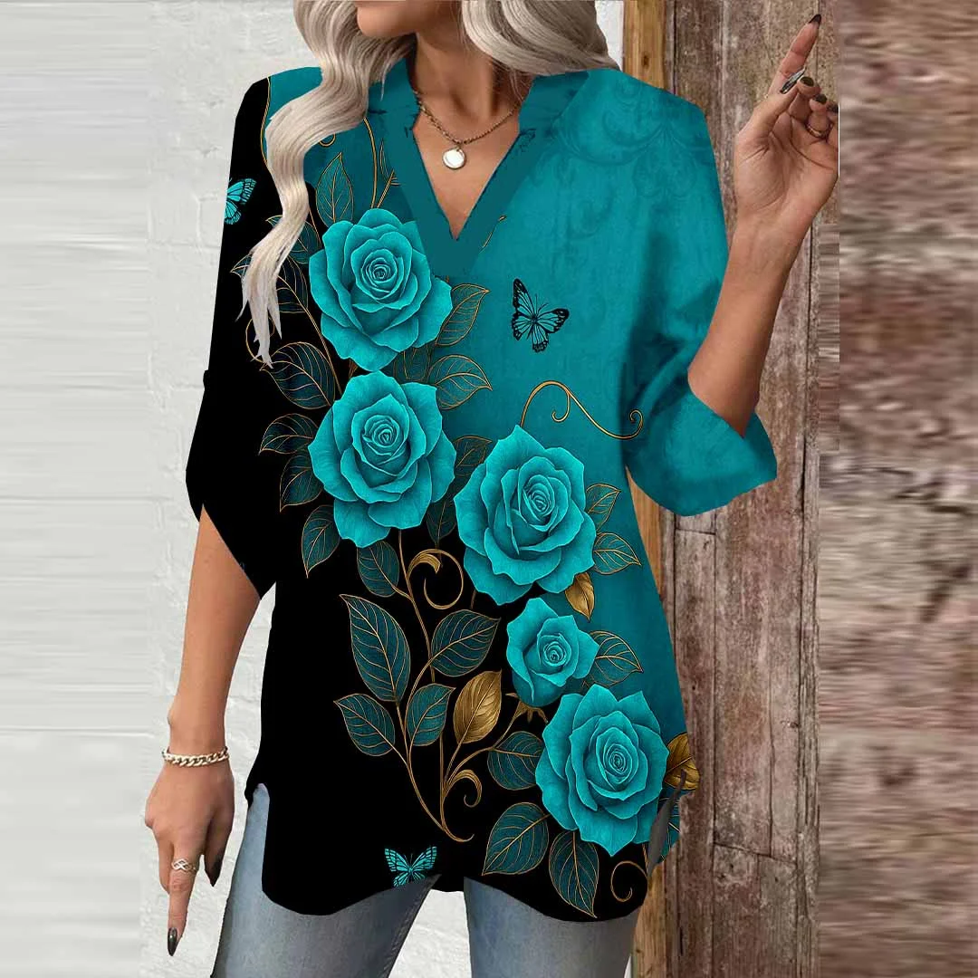Women Floral,Turquoise,Black DZGA0776 3/4 Sleeve V-neck Printed Graphic Button Tops