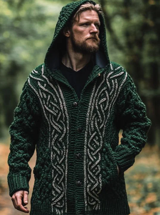 Men's Celtic Knot Vintage Cozy Knit Hooded Cardigan
