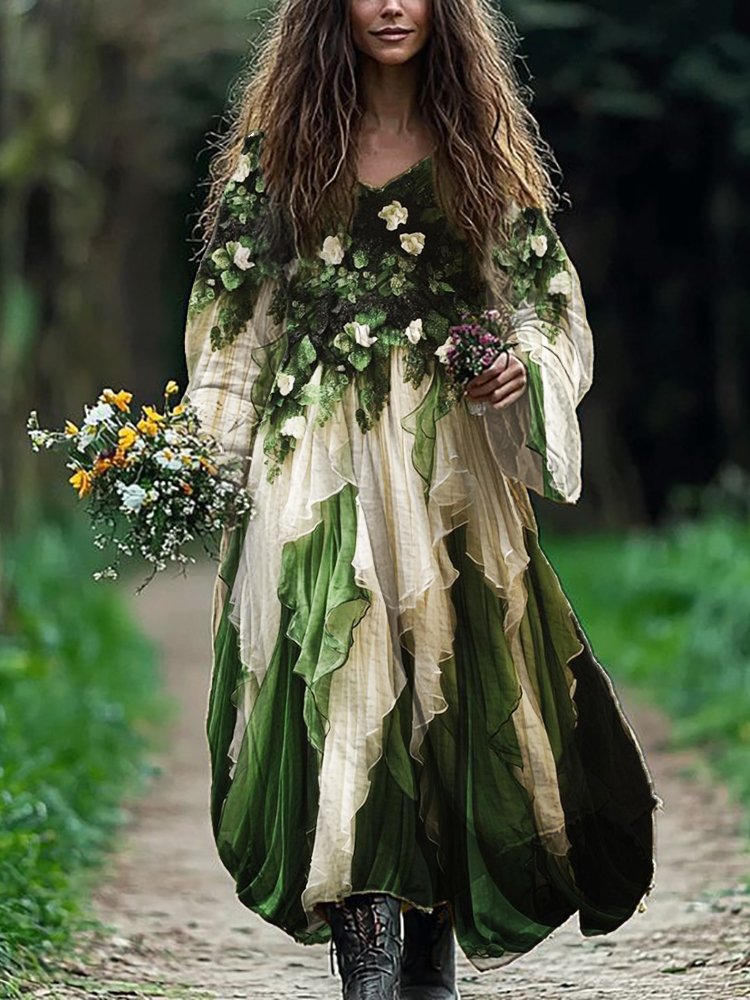 Comstylish Forest Elf Floral Flowy Linen Blend Maxi Dress