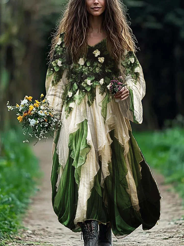 Utbros Forest Elf Floral Flowy Linen Blend Maxi Dress