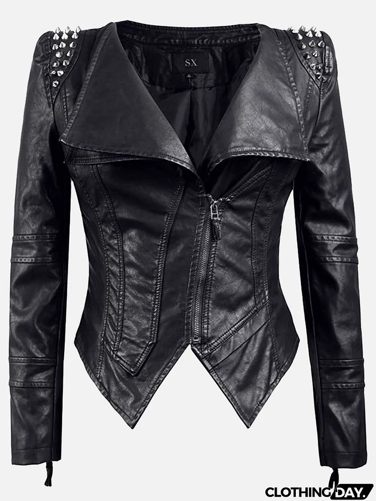 Casual Solid Rivets Turndown Collar Outerwear