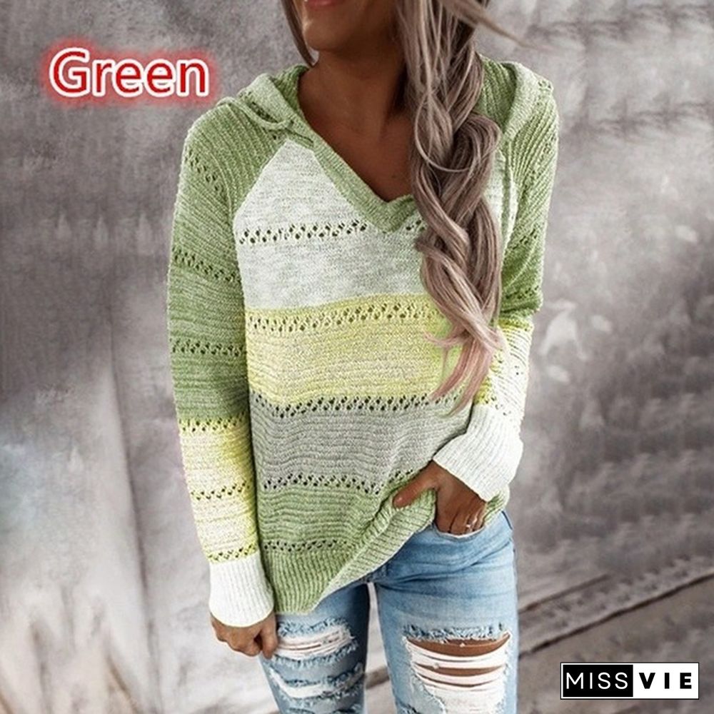 New Fashion Stitching V-neck Hooded Sweaters for Women Autumn Hollow-out Knitted Sweater Color Block Pullover Hoodies Coat