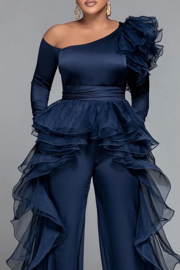 Xpluswear Design Plus Size Wedding Guest Tulle Blue Oblique Collar Long Sleeve Ruffle Elegant Pocket Satin Jumpsuits [Pre-Order]