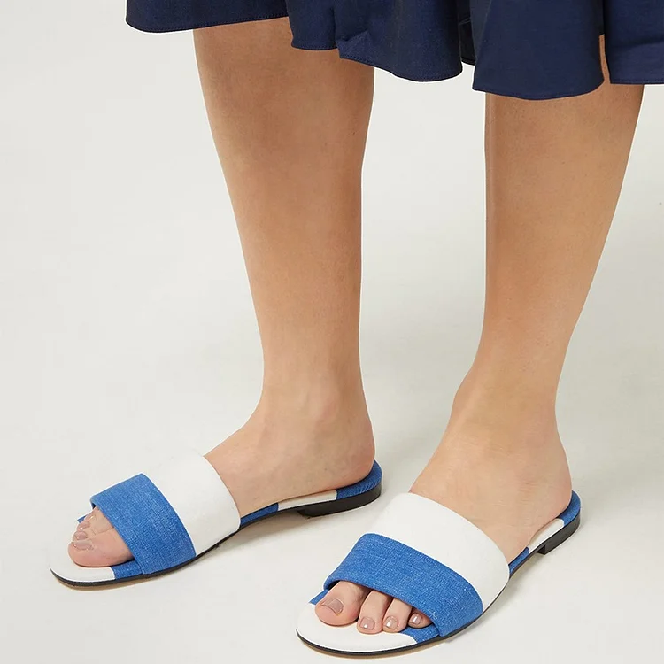Blue and White Women's Slide Sandals |FSJ Shoes