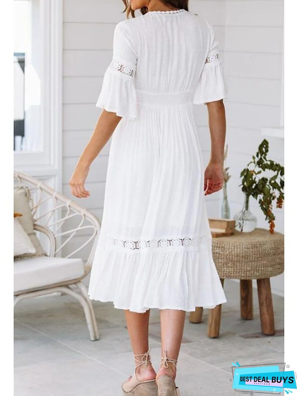 Women's Swing Dress Midi Dress - Half Sleeve Solid Colored Summer Spring & Summer V Neck Hot Beach Vacation Dresses Flare Cuff Sleeve White / Sexy White Dresses