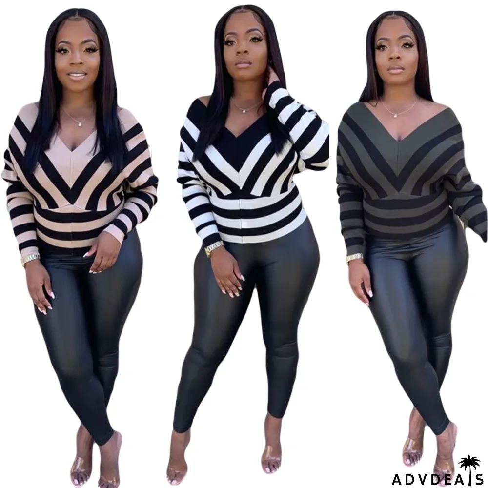 Autumn Bat Sleeves Stripes V-Neck Loose and Fit Shirt