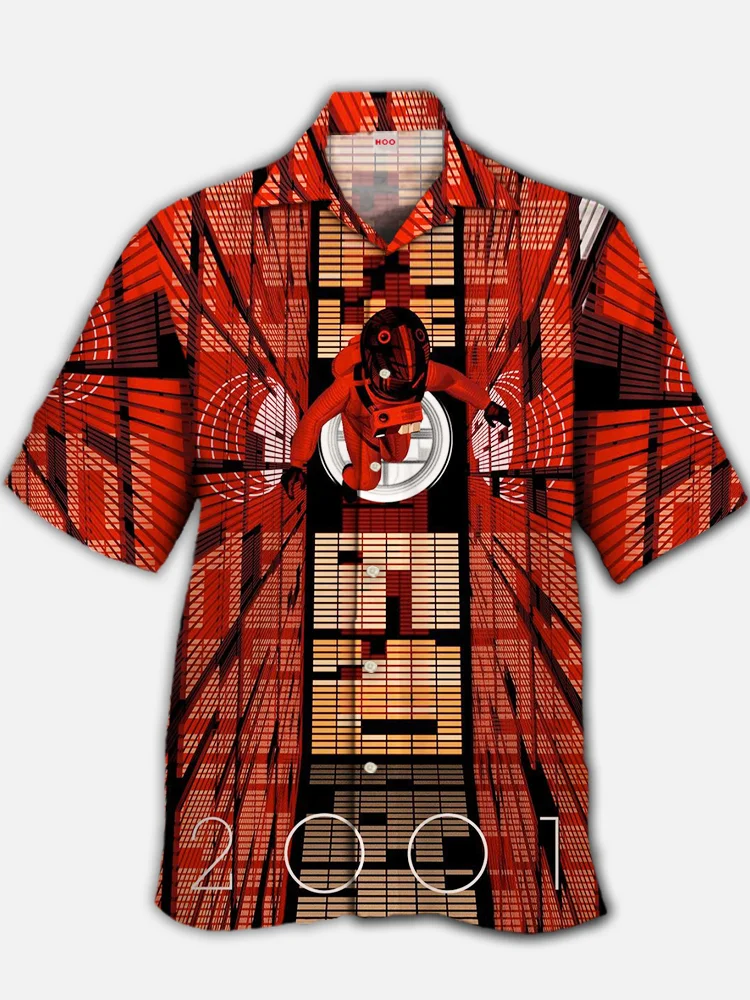 Eye-Catching Red Sci-Fi Abstract Geometric Background And Spaceman Printing Cuban Collar Hawaiian Short Sleeve Shirt BestDVibe