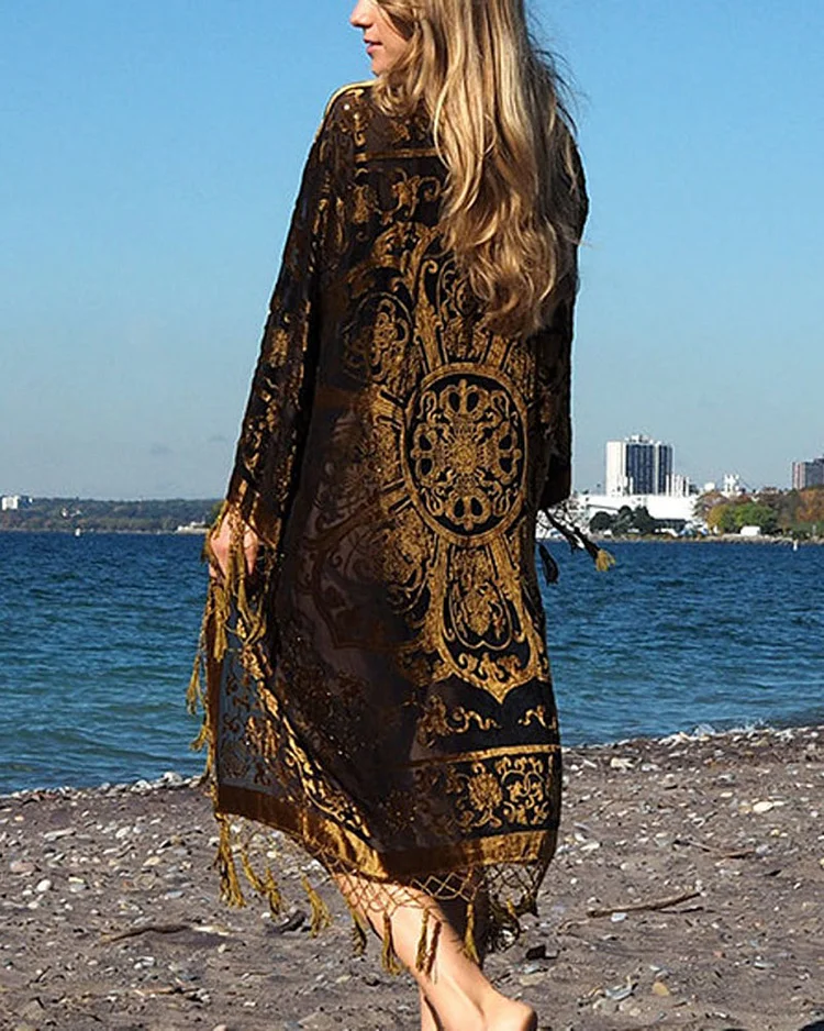 Velvet Print Tassel Kimono