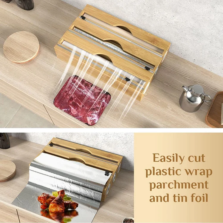 3 in 1 Wrap Dispenser, Acrylic Foil Dispenser with Slide Cutter Plastic Wrap,  Aluminum Foil and Wax Paper Organizer Holder