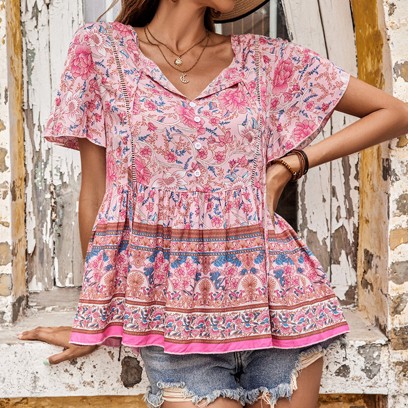 Summer Mature Women's Bohemian Printed Short-sleeved Blouse Shirt Tunic Tops