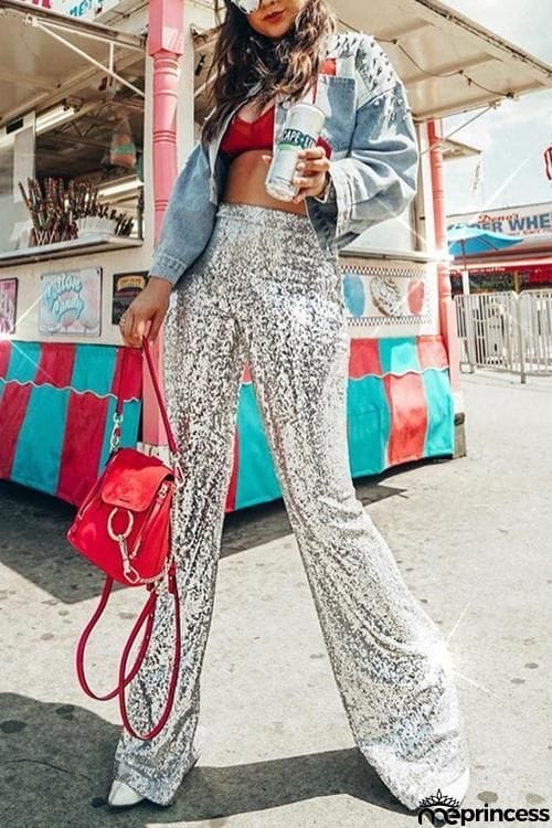 Sequin Wide Flare Pants