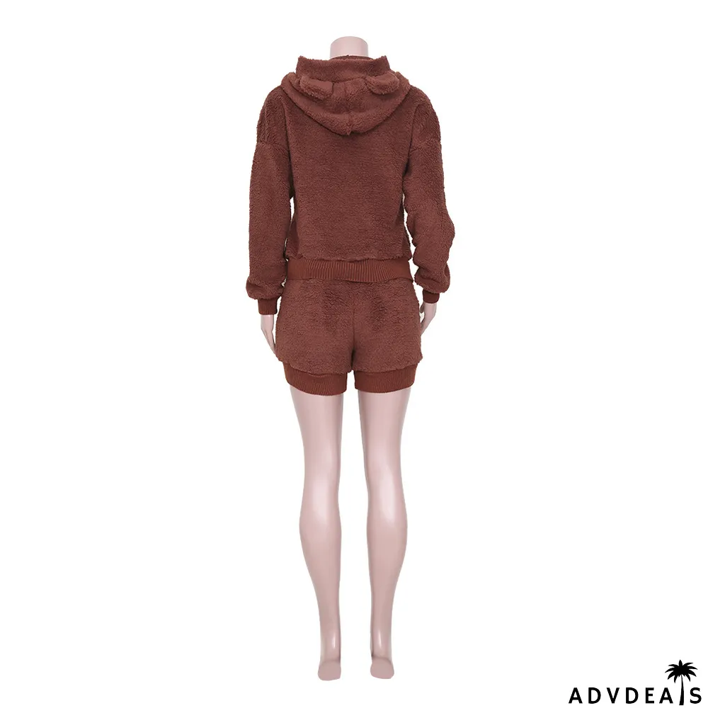 Casual Plush Thick Hooded Long Sleeve 2 Piece Sets