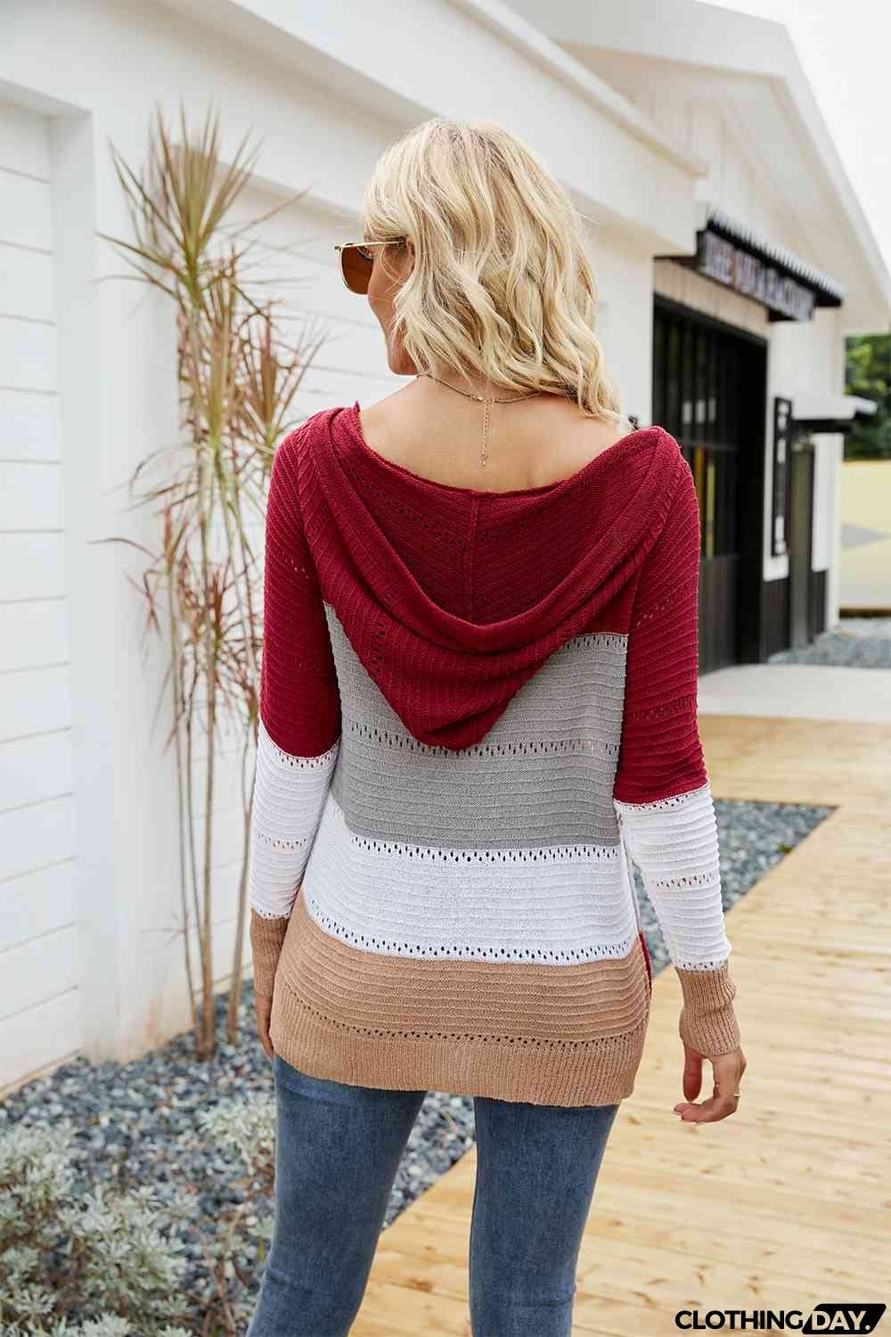 Color Block Drawstring Hooded Sweater