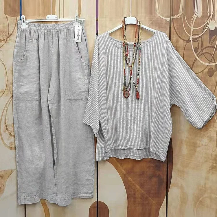 New Casual Loose Striped Top Solid Color Pocket Pants Set socialshop