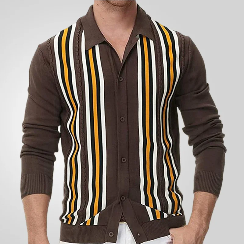 Uveng Uveng Men's Men's Spring Thin Knits Business Casual Long Sleeve Striped Polo Shirts