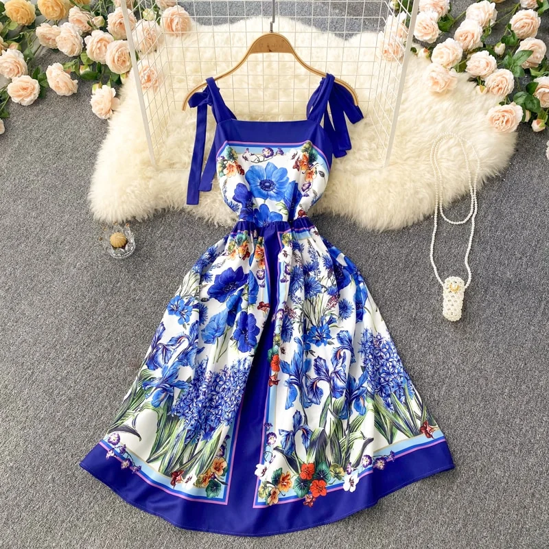 Uveng Runway Summer Bow Tank Dress 2025 New Women's Spaghetti Strap Backless Palace Floral Print Holiday Beach Dress N66878 413-0