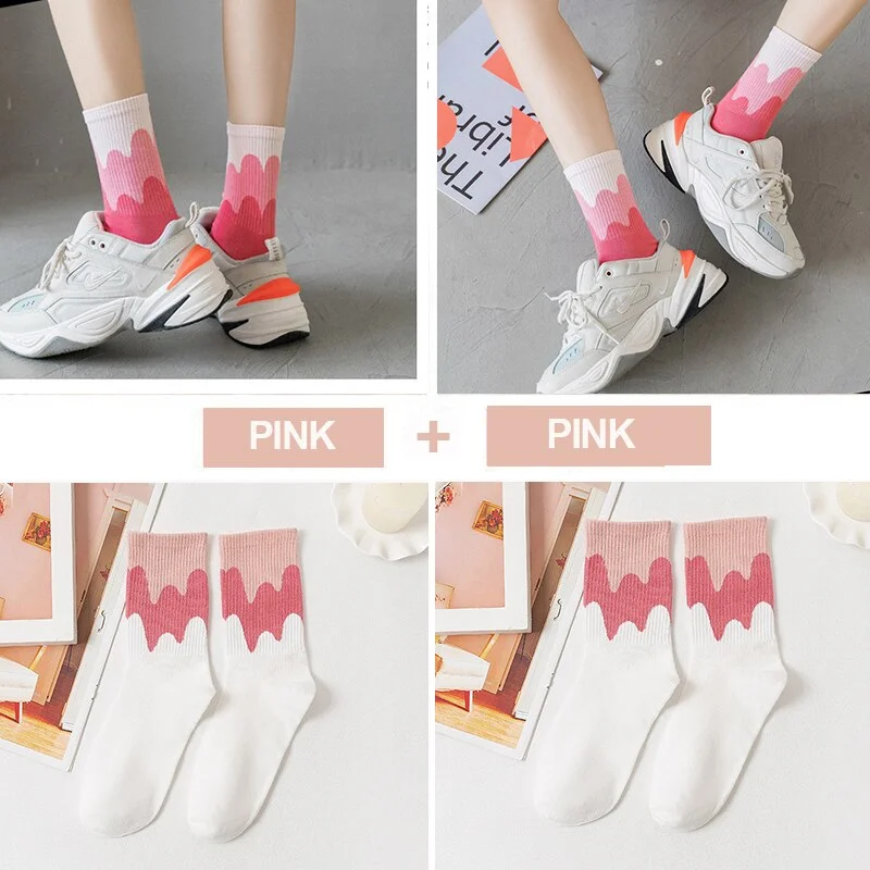 FINETOO 2Pairs/lot Women Midi Tube Socks Female Autumn Winter Candy Colors Korean Japanese Stitching Cotton Girls Graffiti Sock