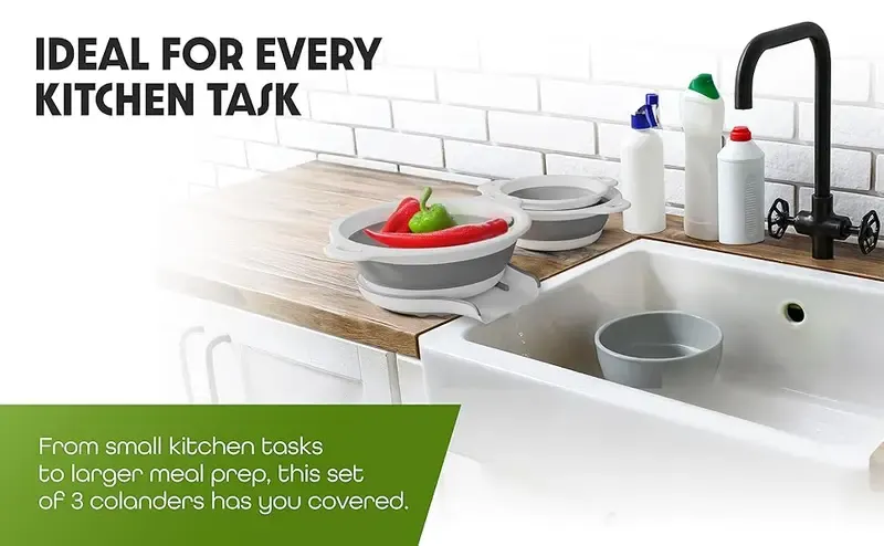 Collapsible colanders used beside a kitchen sink