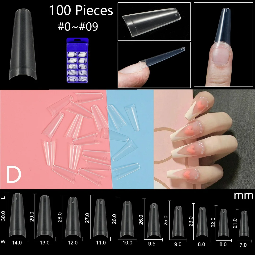 100pcs/set 10 Sizes Full Cover False Nail Tips Ballerina Coffin Fake Nails Square Stiletto French Acrylic Press On Nails-Nail Inspo