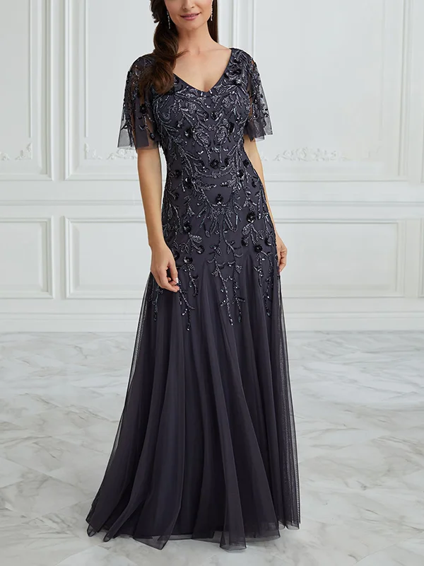 V-Neck Sequined Mesh Solid Color Maxi Dress